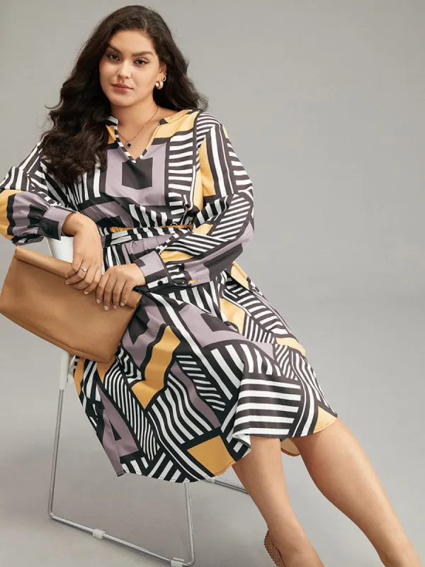 Colorblock Geometric Notched Elastic Waist Arc Hem Dress sold by Bloomchic