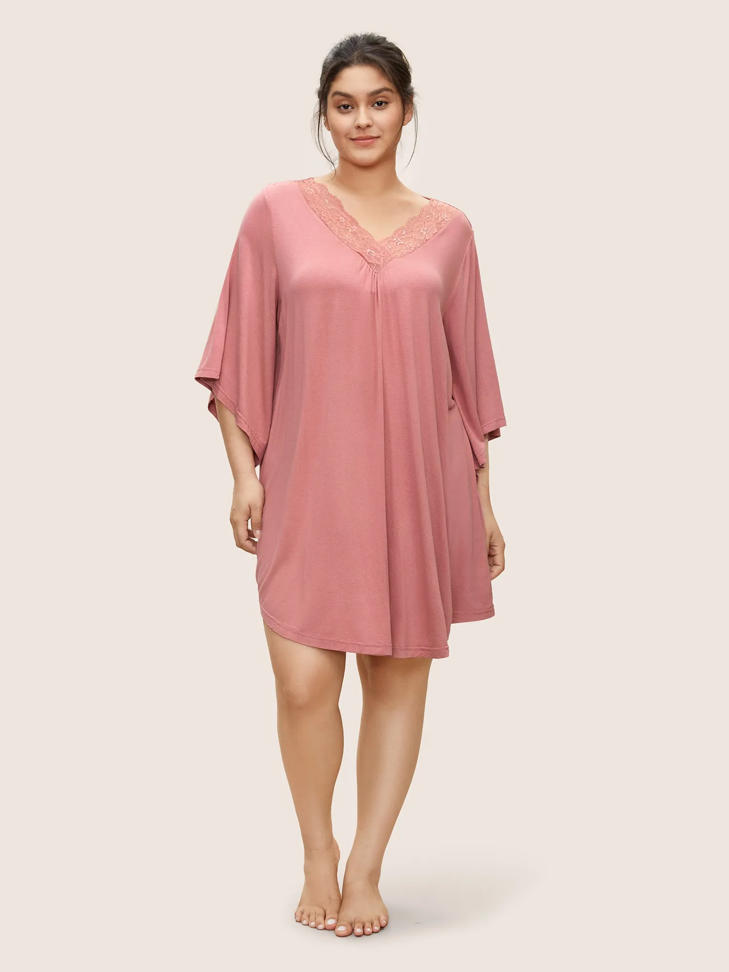 Lace Panel Bell Sleeve Arc Hem Sleep Dress sold by Bloomchic product image thumbnail 2