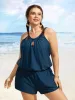 Solid Keyhole Elastic Waist Gathered One Piece Swimsuit sold by Bloomchic