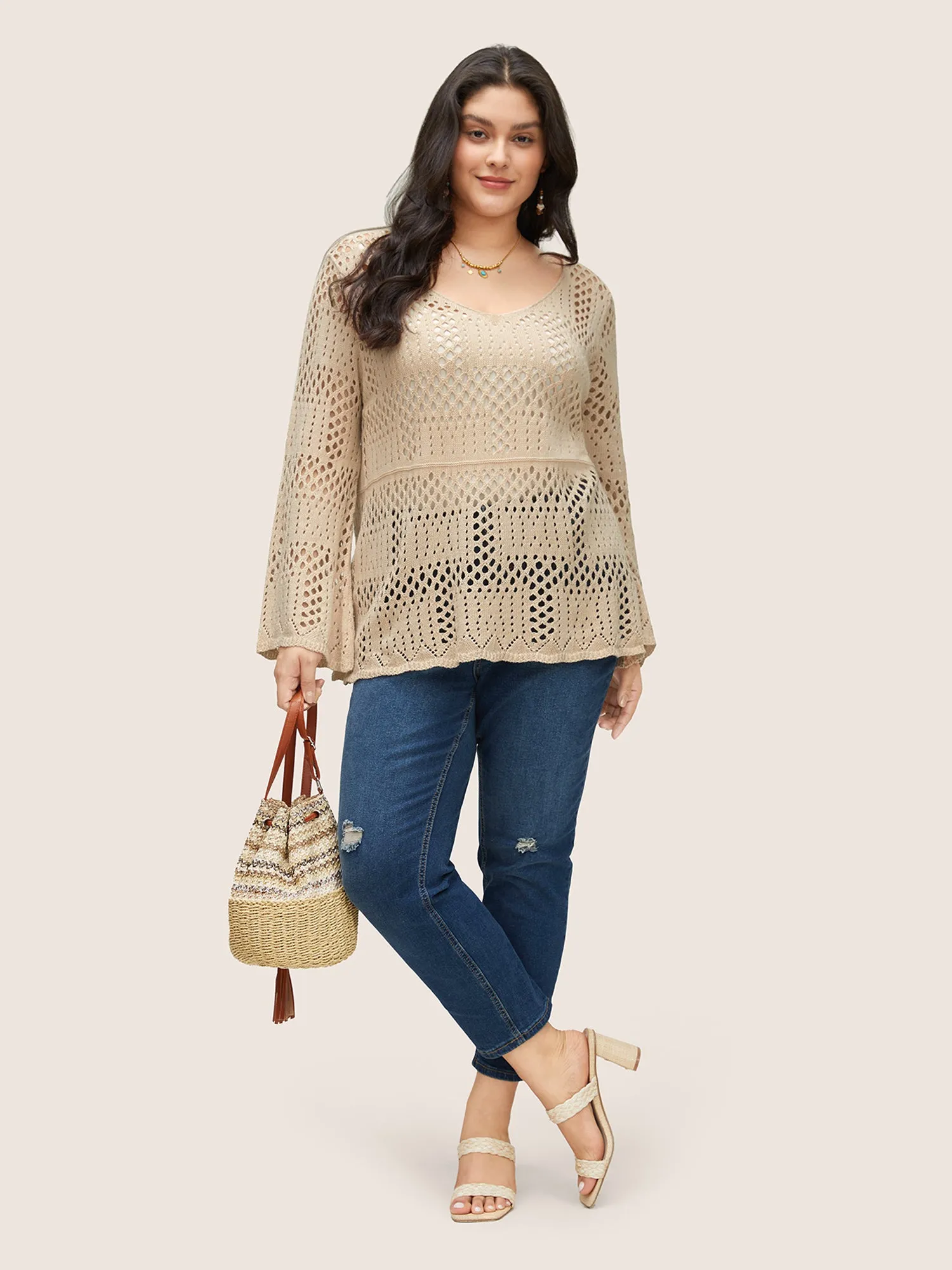 Plain Cable Knit Scoop Neck Bell Sleeve Pullover sold by Bloomchic product image thumbnail 3
