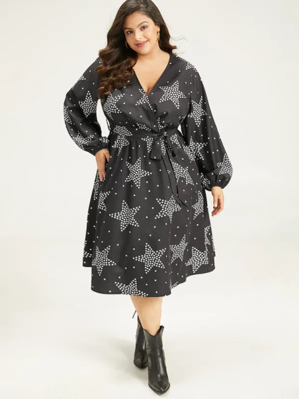 Star Print Wrap Belted Lantern Sleeve Dress sold by Bloomchic