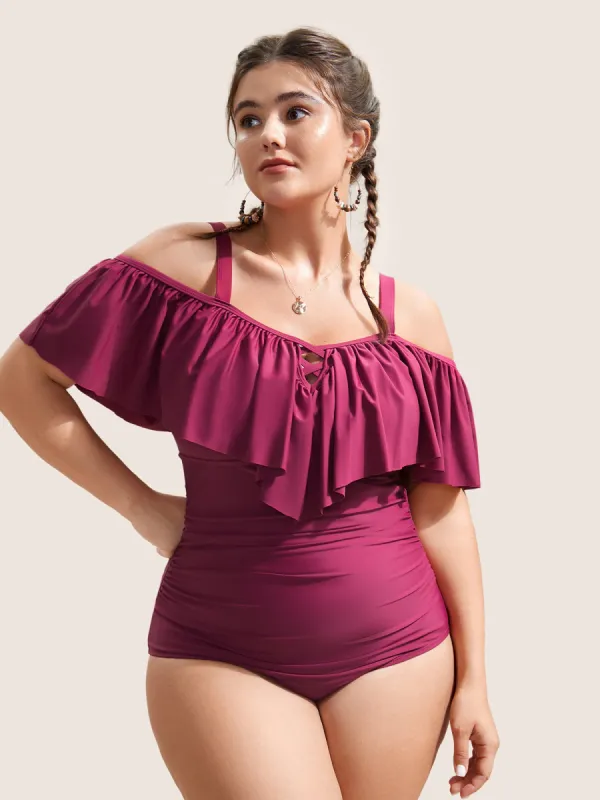 Plain Ruffle Crisscross Neck Tummy Control One Piece Swimsuit sold by Bloomchic