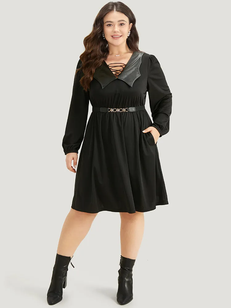Halloween Plain PU Crisscross Patchwork Pocket Dress sold by Bloomchic product image thumbnail 2