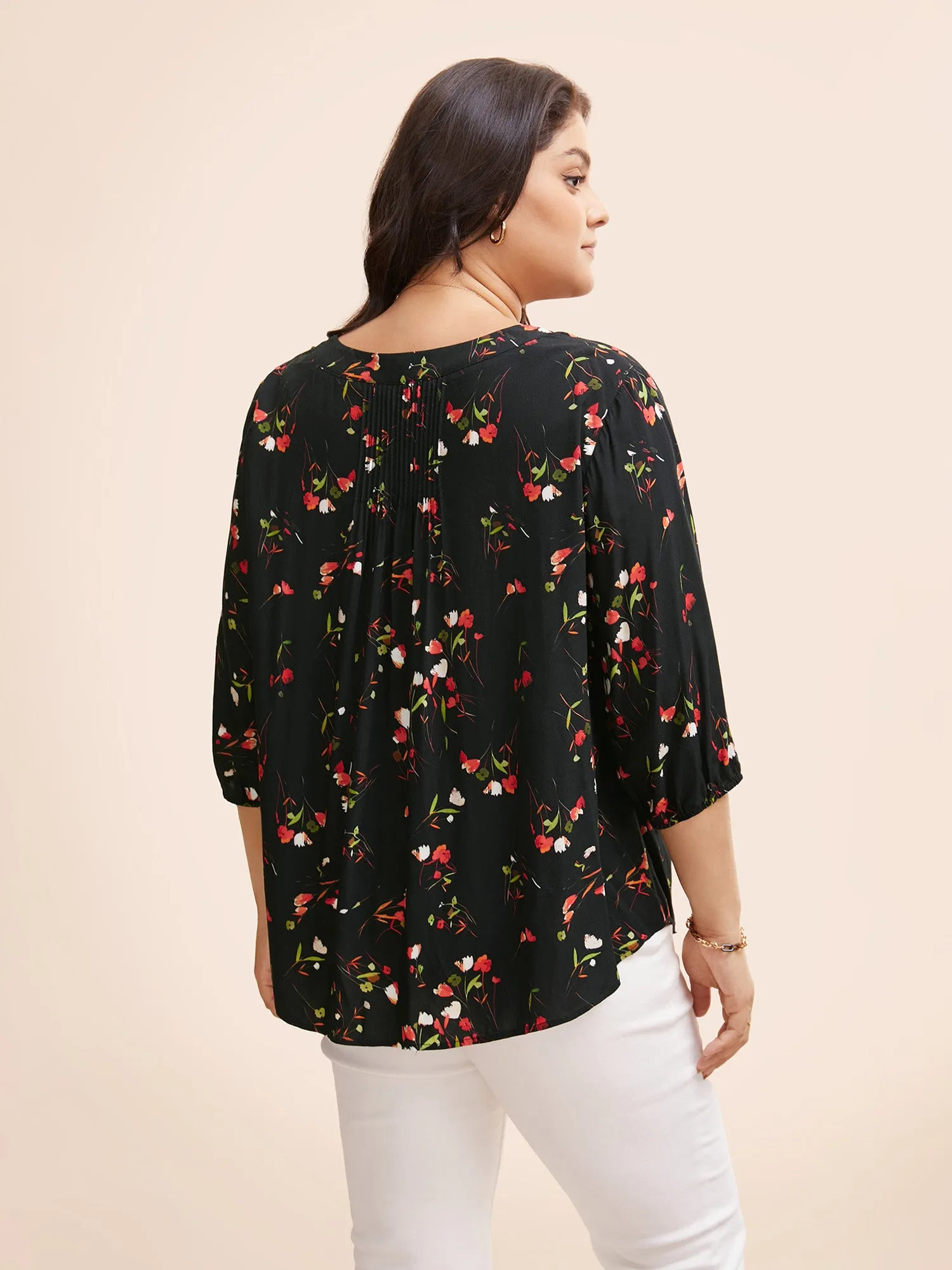 Floral Notched Pleated Lantern Sleeve Blouse sold by Bloomchic product image thumbnail 3