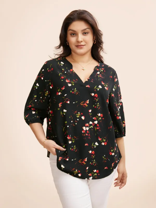 Floral Notched Pleated Lantern Sleeve Blouse sold by Bloomchic