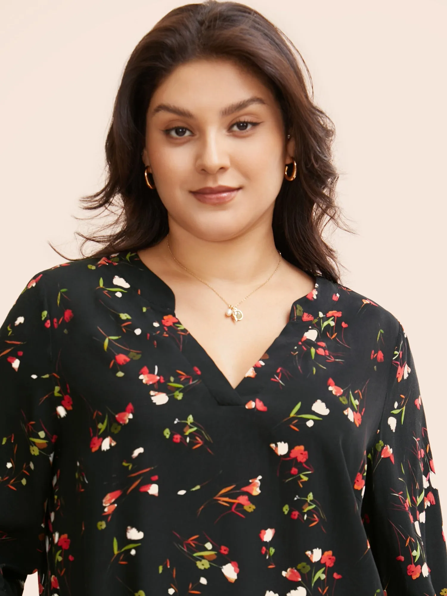 Floral Notched Pleated Lantern Sleeve Blouse sold by Bloomchic product image thumbnail 4