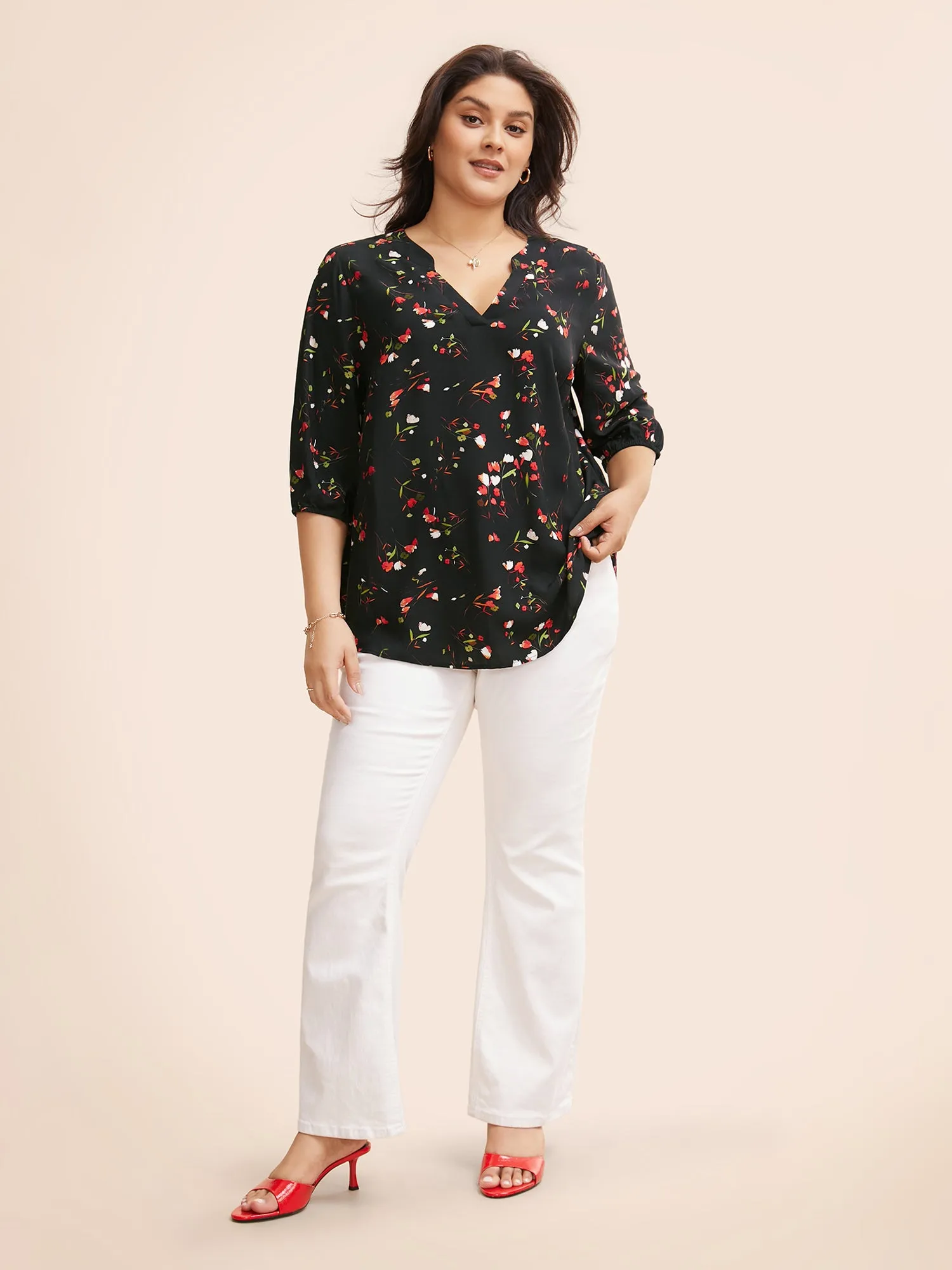 Floral Notched Pleated Lantern Sleeve Blouse sold by Bloomchic product image thumbnail 2