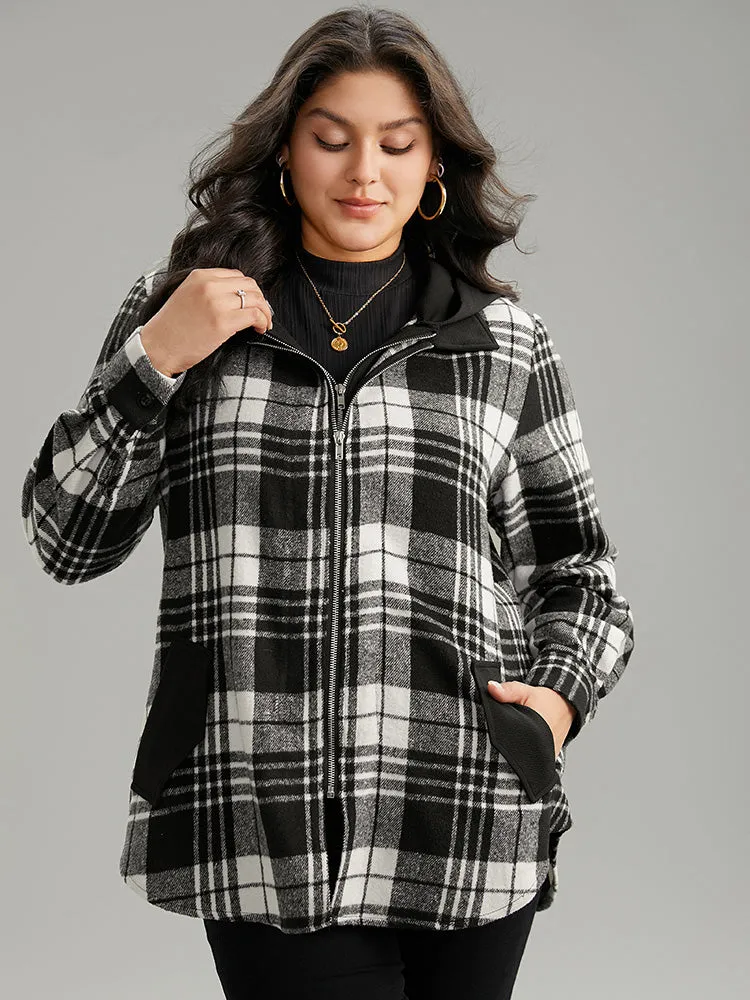 Plaid Patchwork Zipper Contrast Hooded Jacket sold by Bloomchic