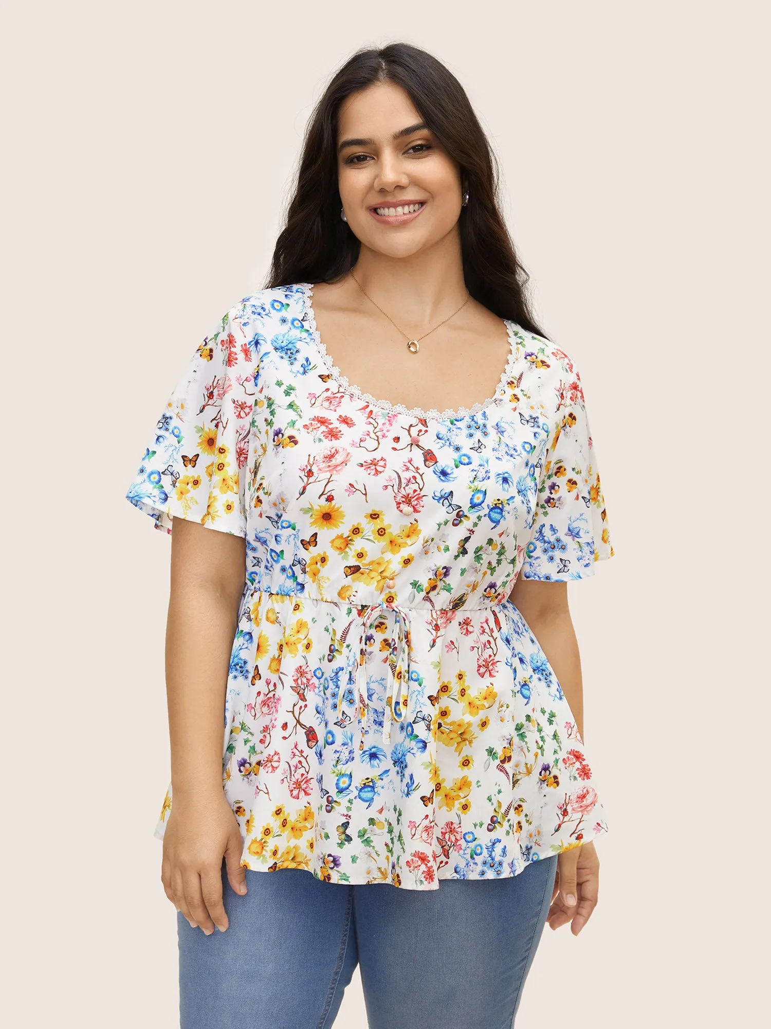 Patchwork Floral Lace Panel Tie Knot Blouse sold by Bloomchic