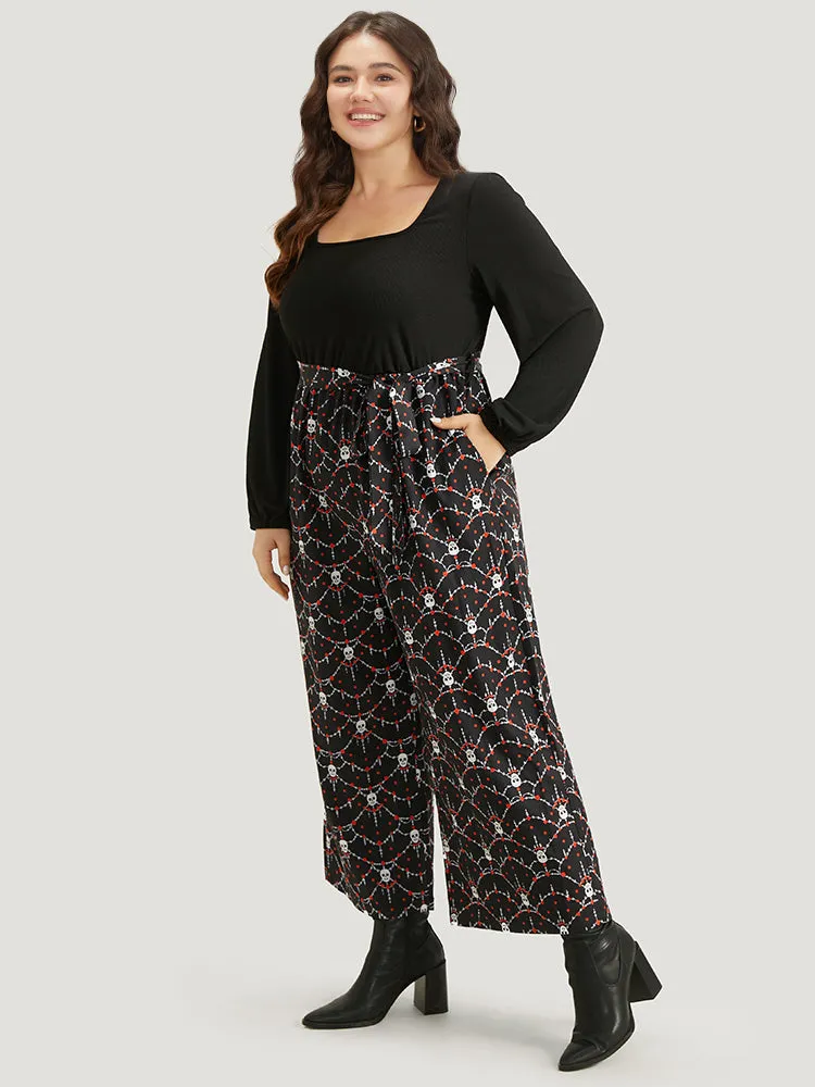 Halloween Skull Print Patchwork Belted Jumpsuit sold by Bloomchic product image thumbnail 3