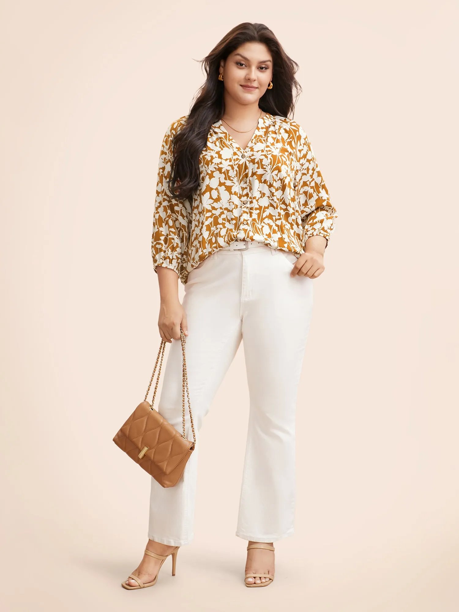 Notched Silhouette Floral Print Lantern Sleeve Blouse sold by Bloomchic product image thumbnail 3