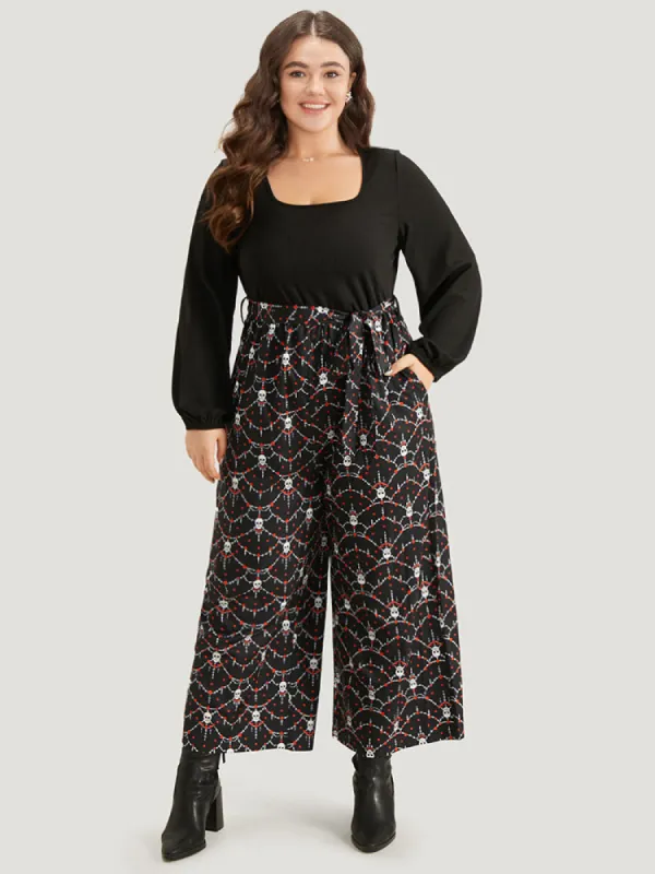 Halloween Skull Print Patchwork Belted Jumpsuit sold by Bloomchic