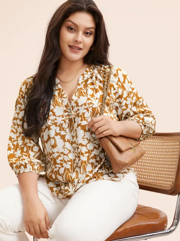 Notched Silhouette Floral Print Lantern Sleeve Blouse sold by Bloomchic