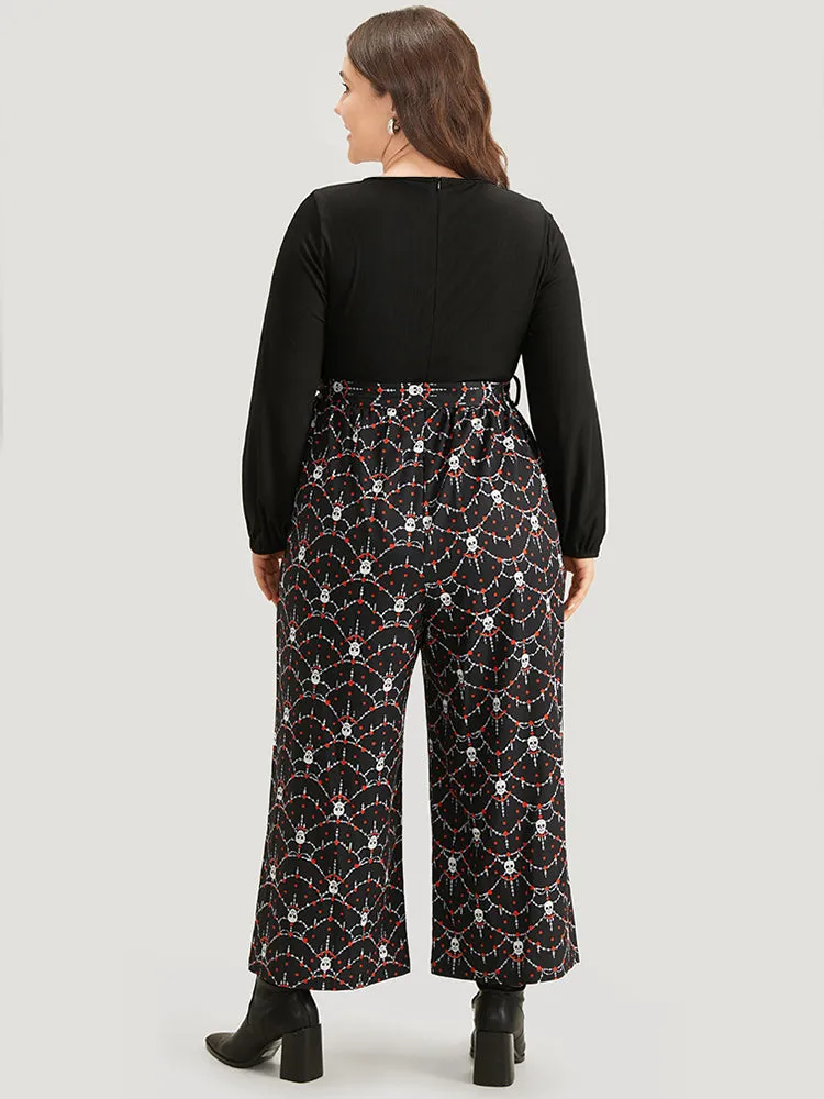 Halloween Skull Print Patchwork Belted Jumpsuit sold by Bloomchic product image thumbnail 2