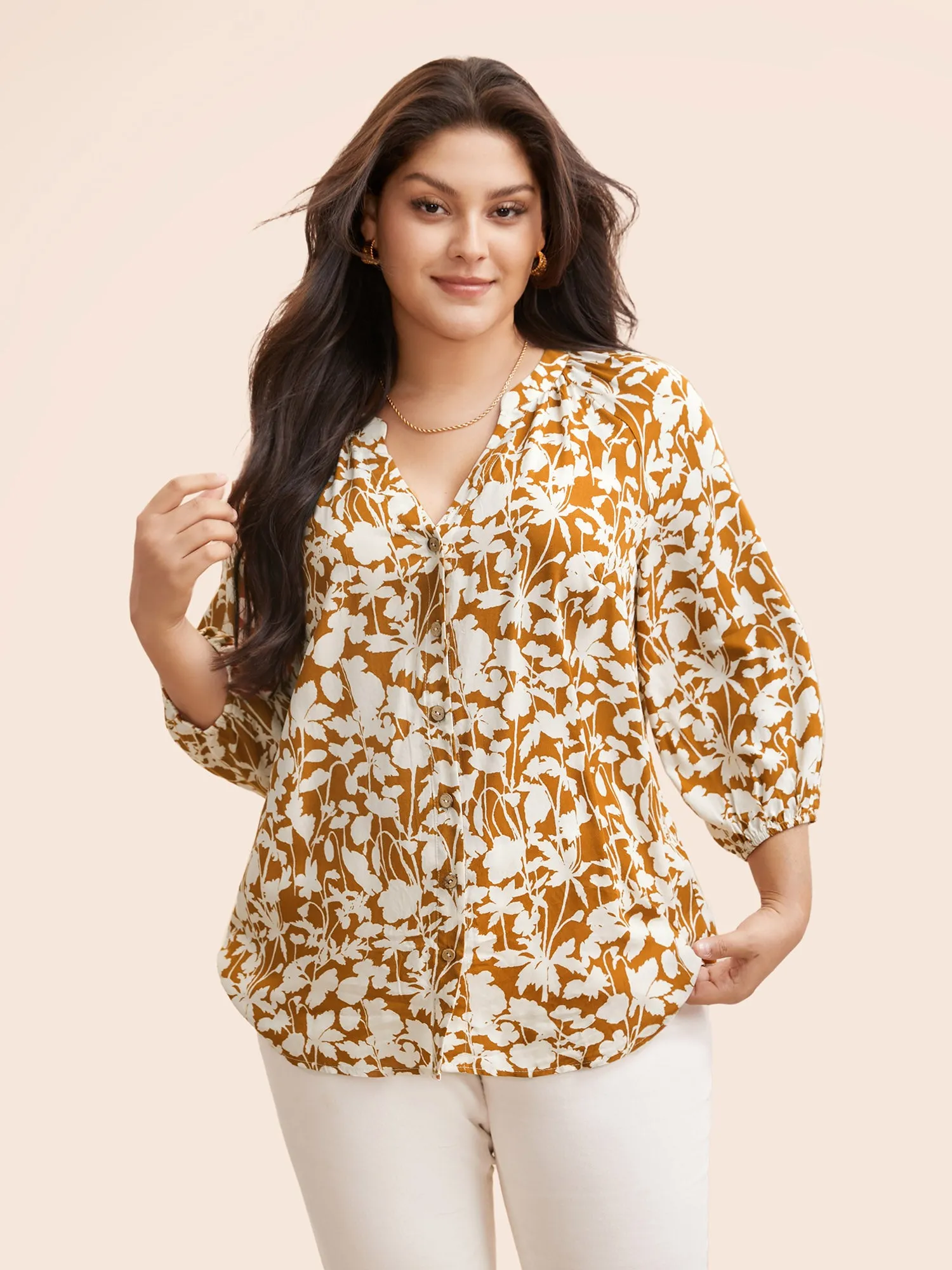 Notched Silhouette Floral Print Lantern Sleeve Blouse sold by Bloomchic product image thumbnail 2