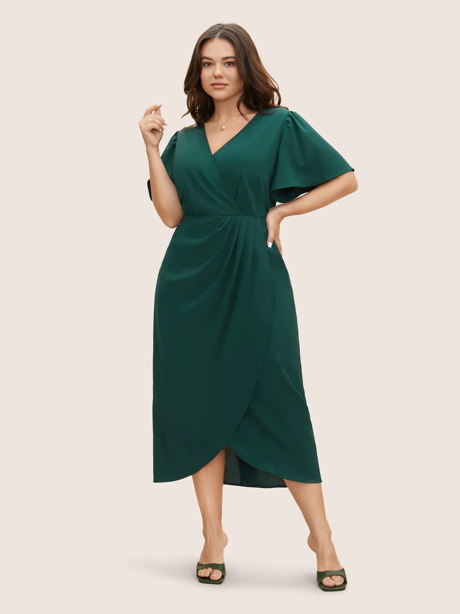 Solid Pleated Ruffle Sleeve Wrap Hem Dress sold by Bloomchic product image thumbnail 2