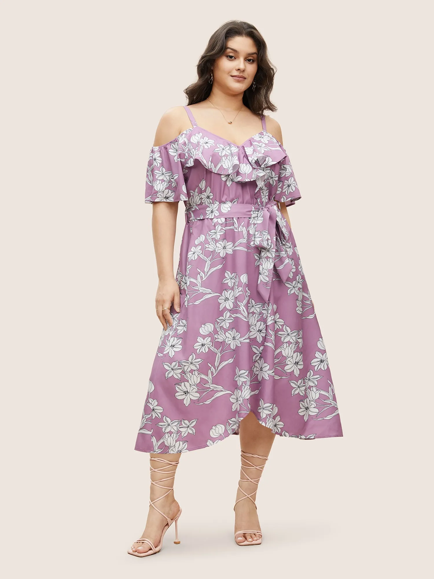 Floral Ruffles Asymmetrical Hem Belted Gathered Dress sold by Bloomchic product image thumbnail 2