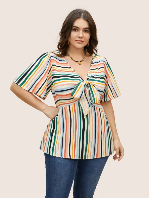Striped Tie Knot Flutter Sleeve Blouse sold by Bloomchic