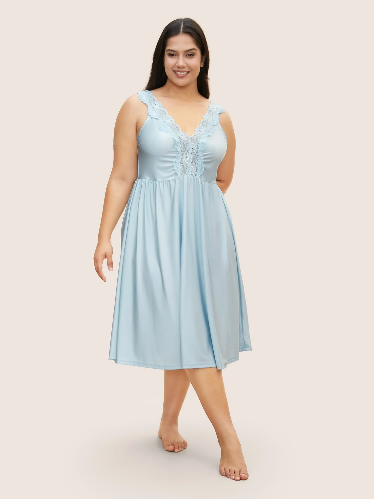 V Neck Lace Panel Ruched Sleep Dress sold by Bloomchic