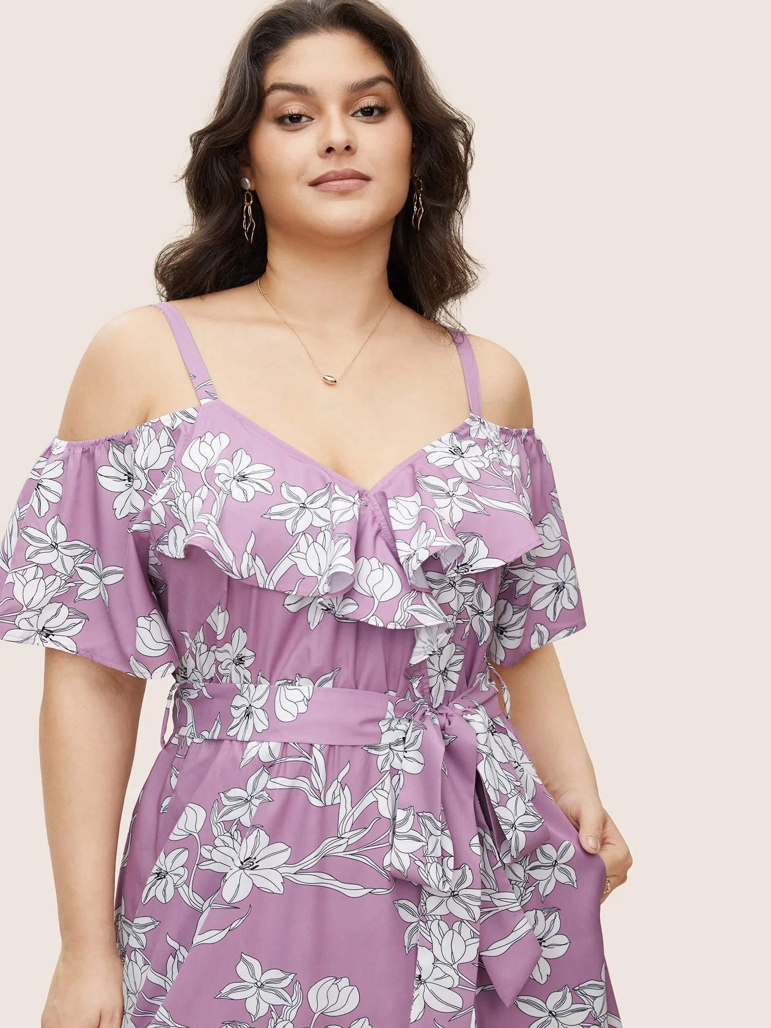 Floral Ruffles Asymmetrical Hem Belted Gathered Dress sold by Bloomchic product image thumbnail 4