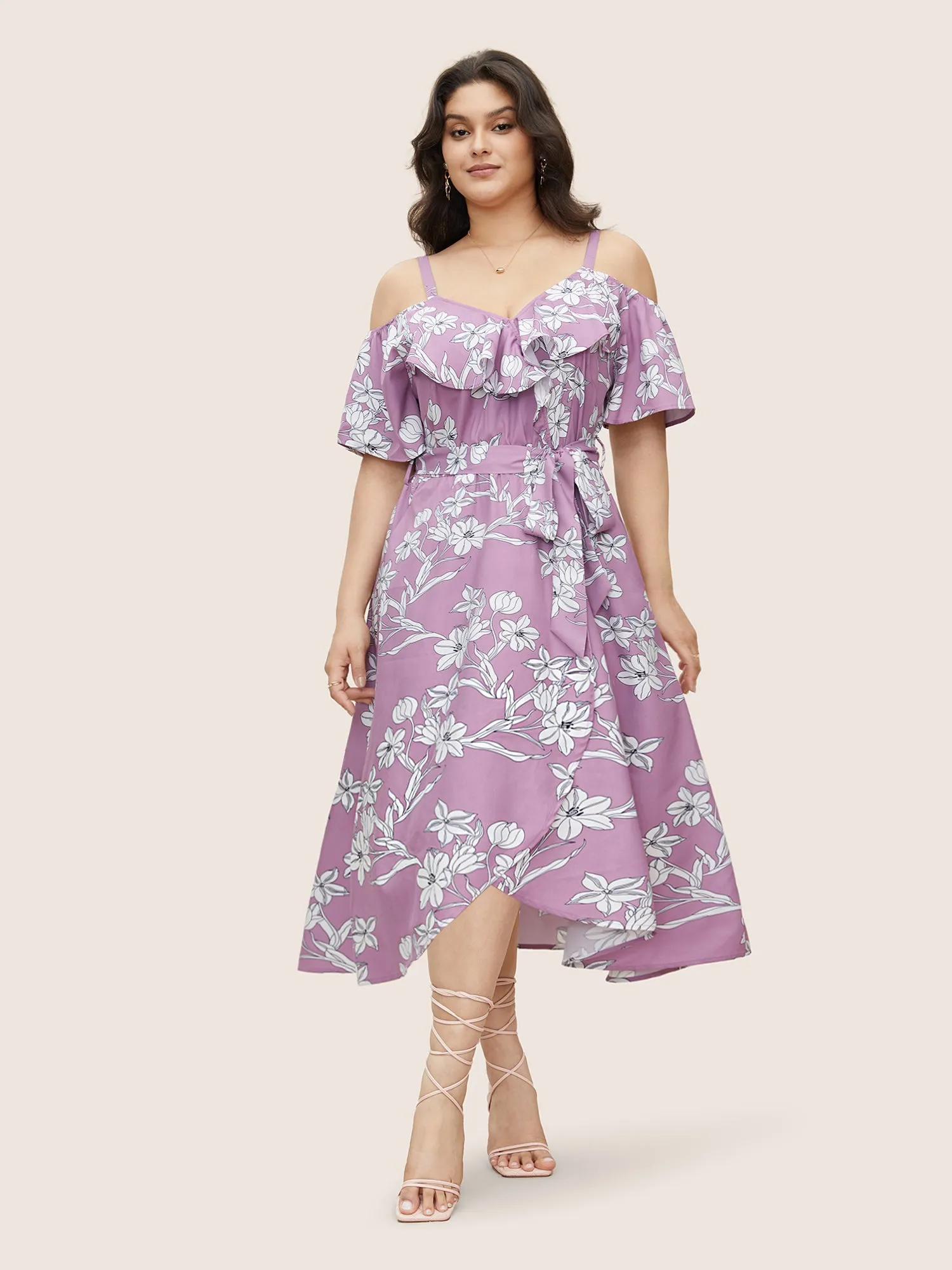 Floral Ruffles Asymmetrical Hem Belted Gathered Dress sold by Bloomchic