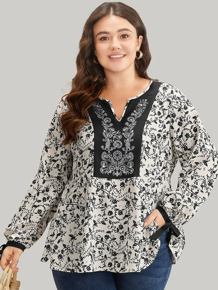 Boho Print Notched Knot Lantern Sleeve Blouse sold by Bloomchic