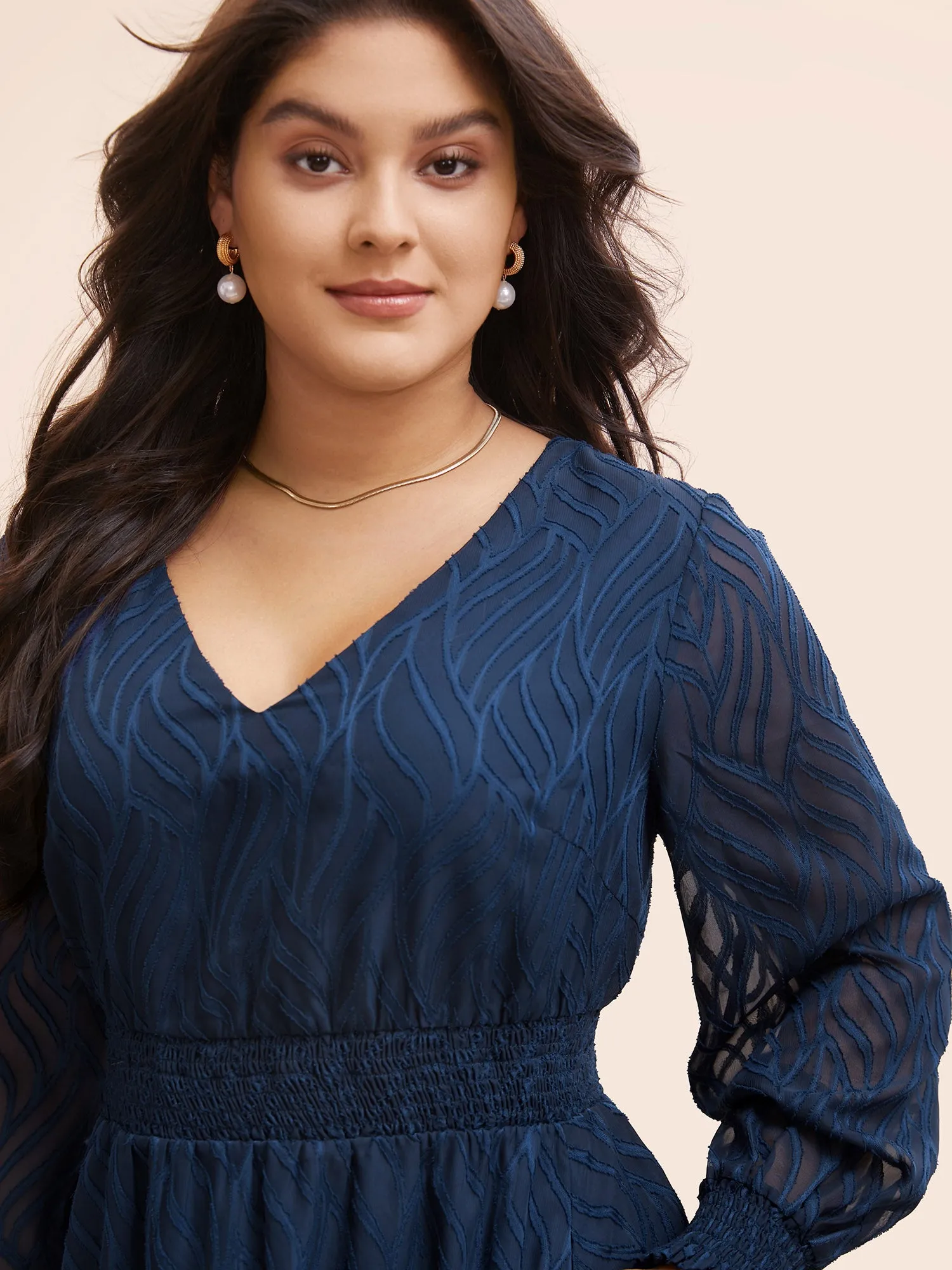 Chiffon Jacquard Shirred Lantern Sleeve Dress sold by Bloomchic product image thumbnail 4