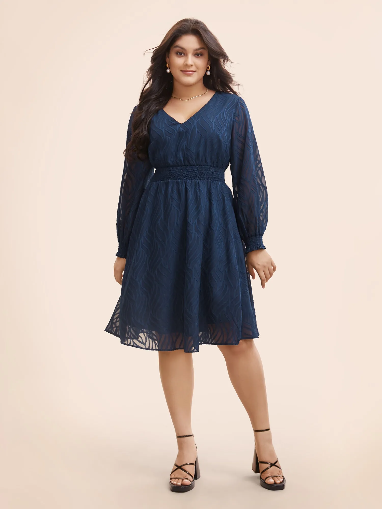 Chiffon Jacquard Shirred Lantern Sleeve Dress sold by Bloomchic product image thumbnail 2