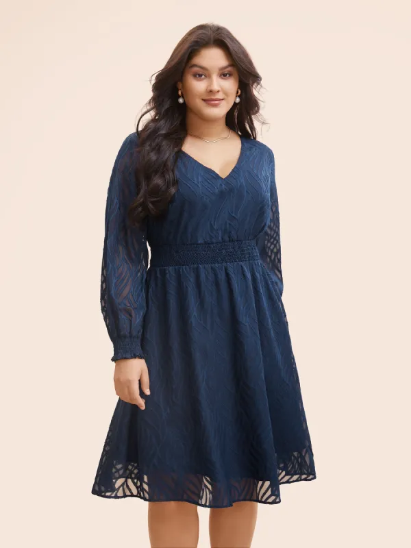 Chiffon Jacquard Shirred Lantern Sleeve Dress sold by Bloomchic