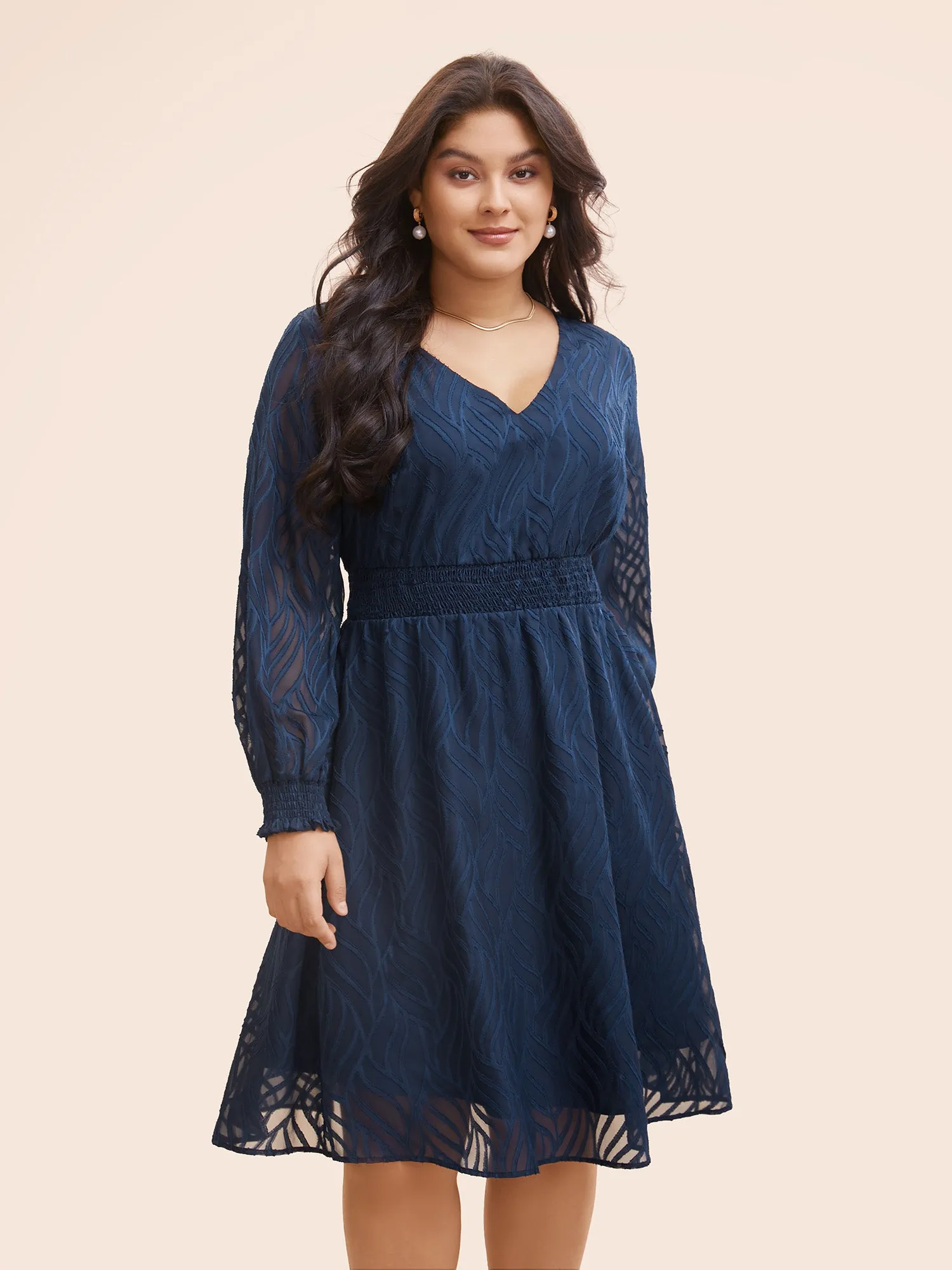 Chiffon Jacquard Shirred Lantern Sleeve Dress sold by Bloomchic