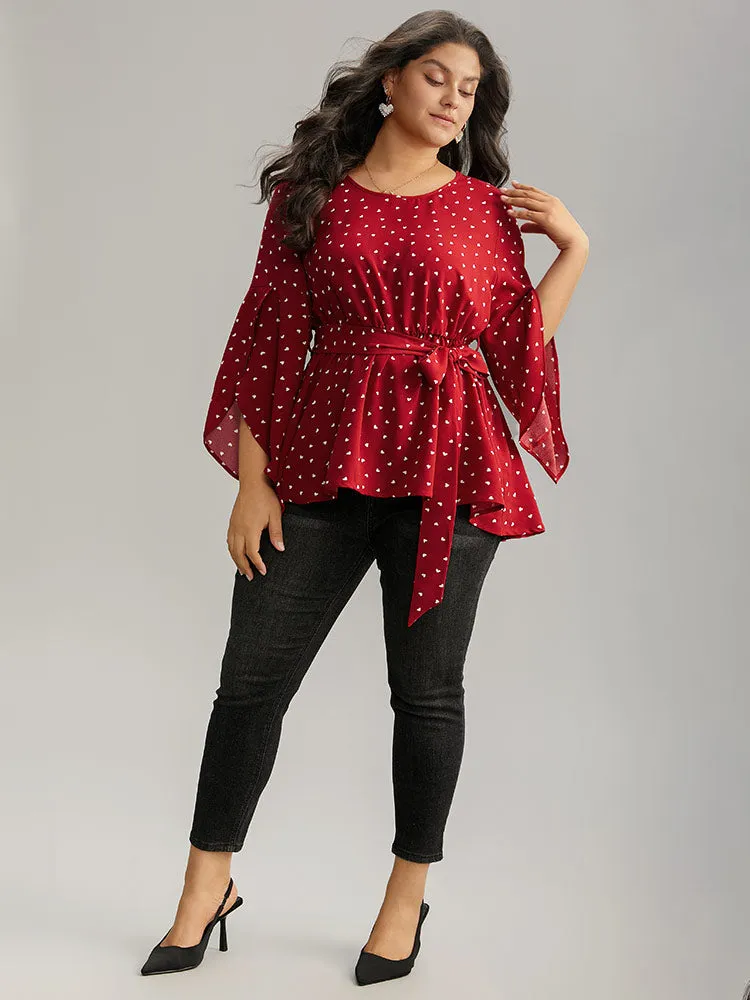 Heart Print Belted Petal Sleeve High Low Hem Blouse sold by Bloomchic product image thumbnail 5
