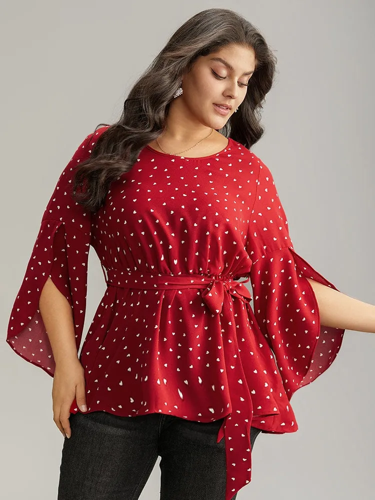Heart Print Belted Petal Sleeve High Low Hem Blouse sold by Bloomchic product image thumbnail 2