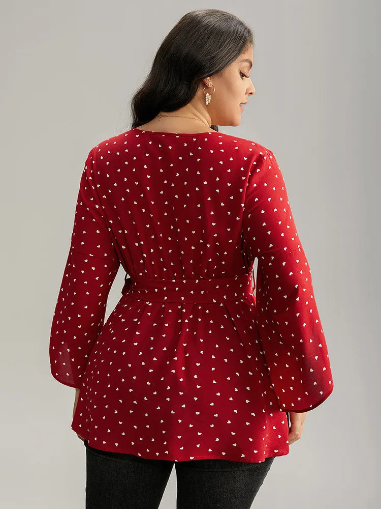 Heart Print Belted Petal Sleeve High Low Hem Blouse sold by Bloomchic product image thumbnail 3