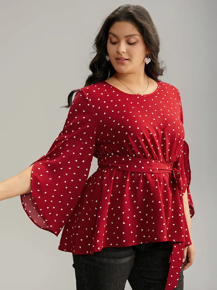 Heart Print Belted Petal Sleeve High Low Hem Blouse sold by Bloomchic product image thumbnail 4