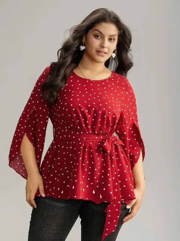Heart Print Belted Petal Sleeve High Low Hem Blouse sold by Bloomchic