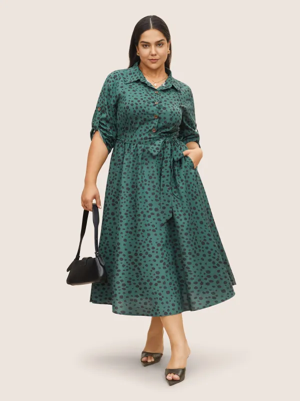 Shirt Collar Polka Dot Elastic Waist Belted Dress sold by Bloomchic
