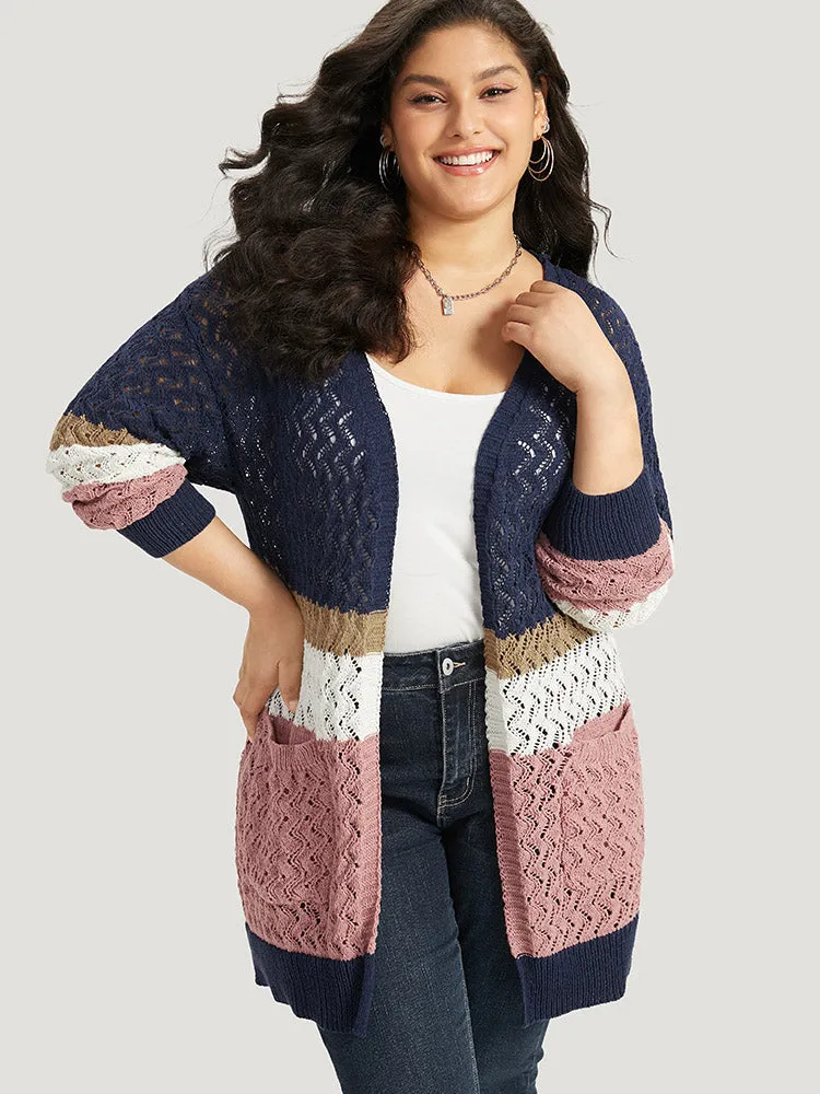 Colorblock Eyelet Patched Pocket Cardigan sold by Bloomchic