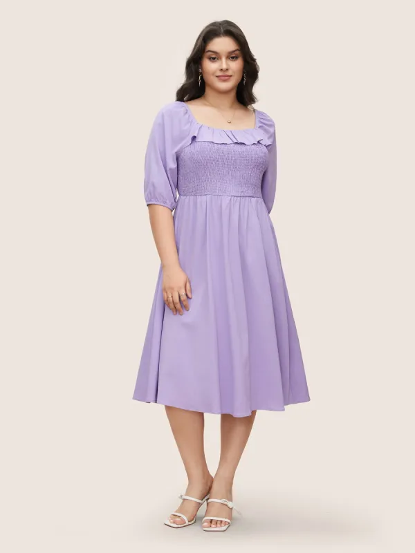 Square Neck Solid Ruffle Trim Shirred Dress sold by Bloomchic