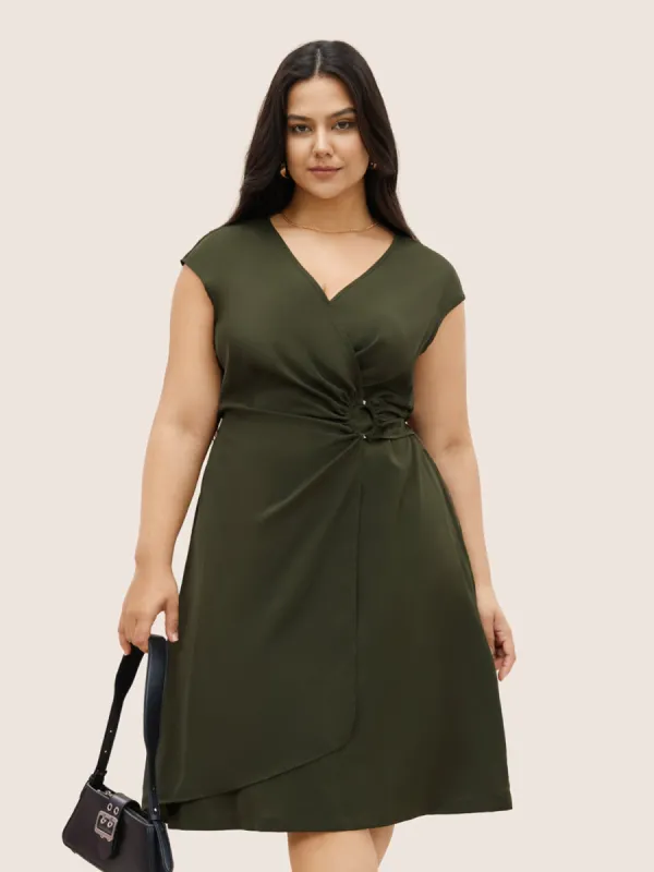 Plain Buckle Detail Overlap Collar Cap Sleeve Dress sold by Bloomchic