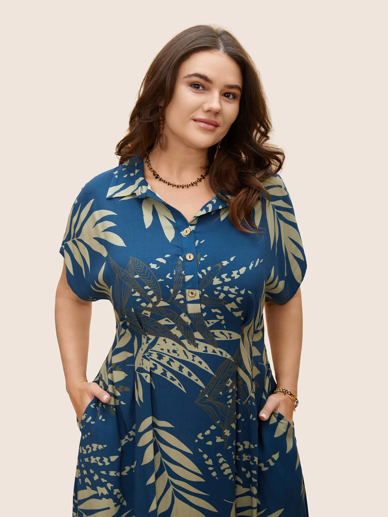 Rayon Tropical Print Button Detail Pleated Dress sold by Bloomchic product image thumbnail 4