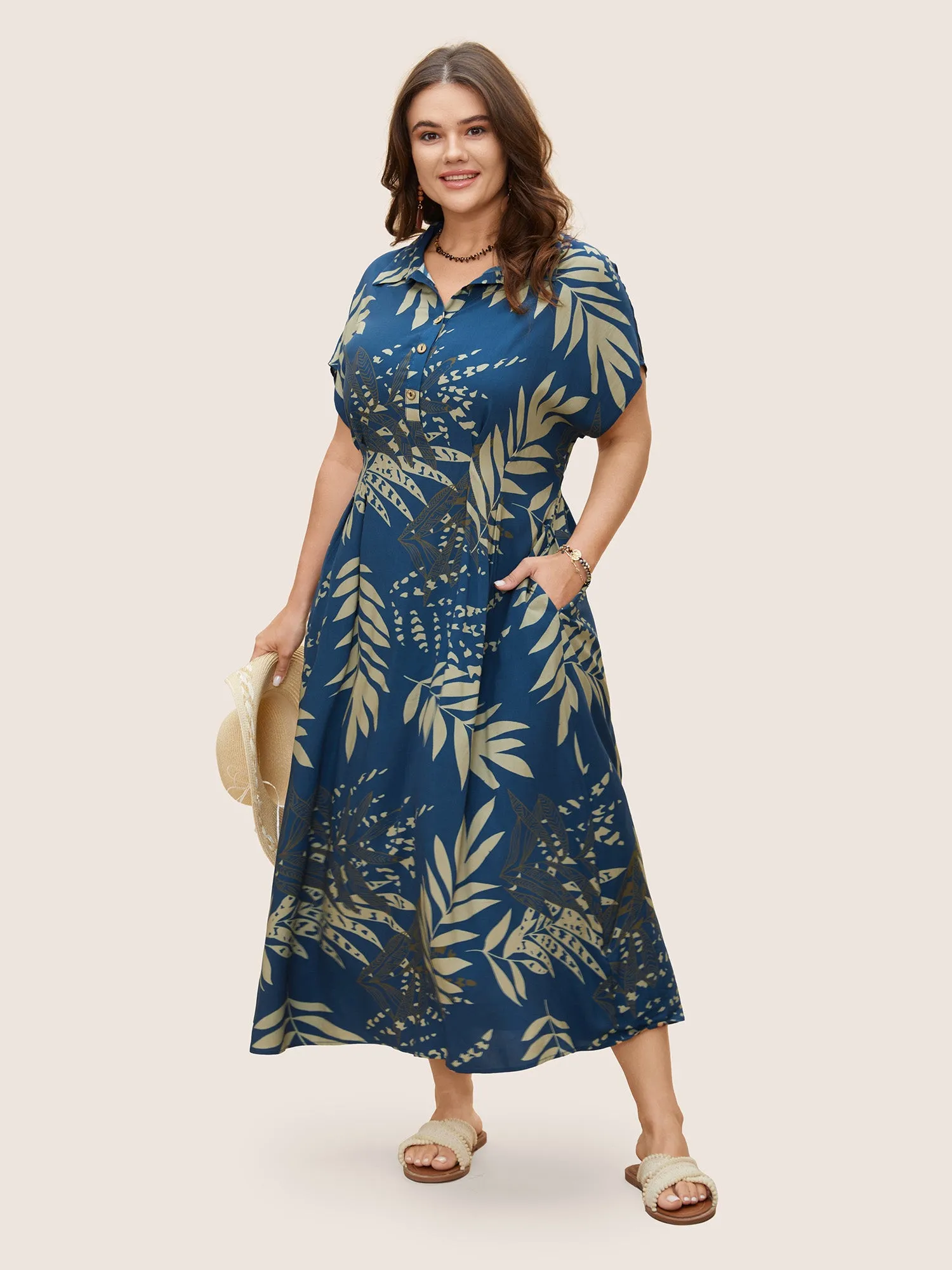 Rayon Tropical Print Button Detail Pleated Dress sold by Bloomchic
