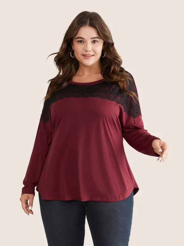 Contrast Lace Panel Drop Shoulder T-shirt sold by Bloomchic
