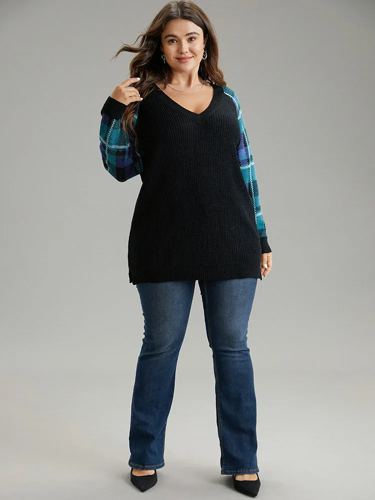 Plaid Patchwork Split Side Raglan Sleeve Pullover sold by Bloomchic product image thumbnail 4
