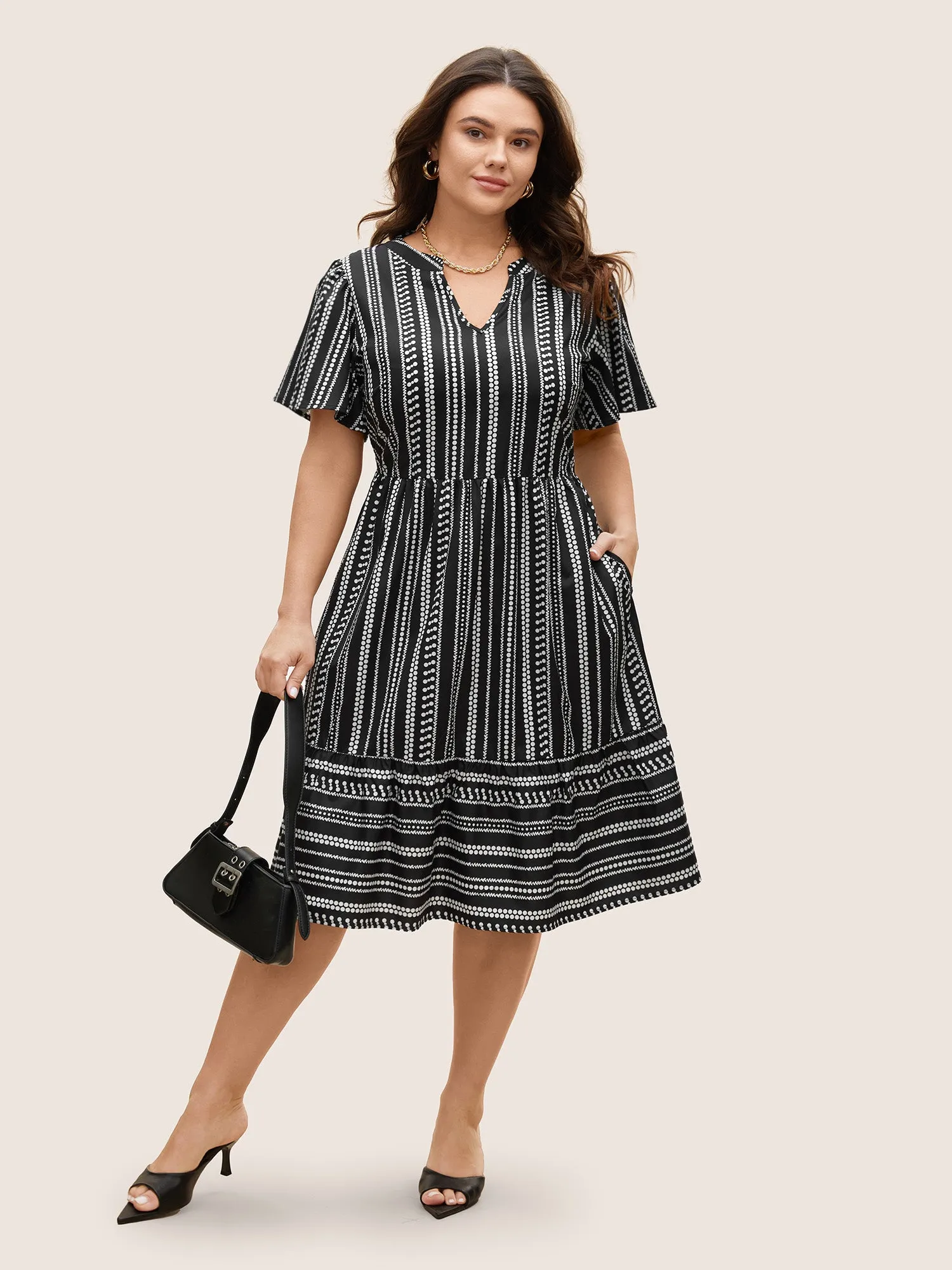 Striped Elastic Waist Ruffle Sleeve Dress sold by Bloomchic