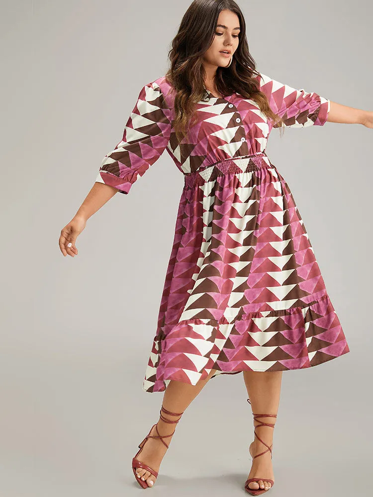 Geometric Shirred Button Up Ruffle Hem Dress sold by Bloomchic product image thumbnail 3