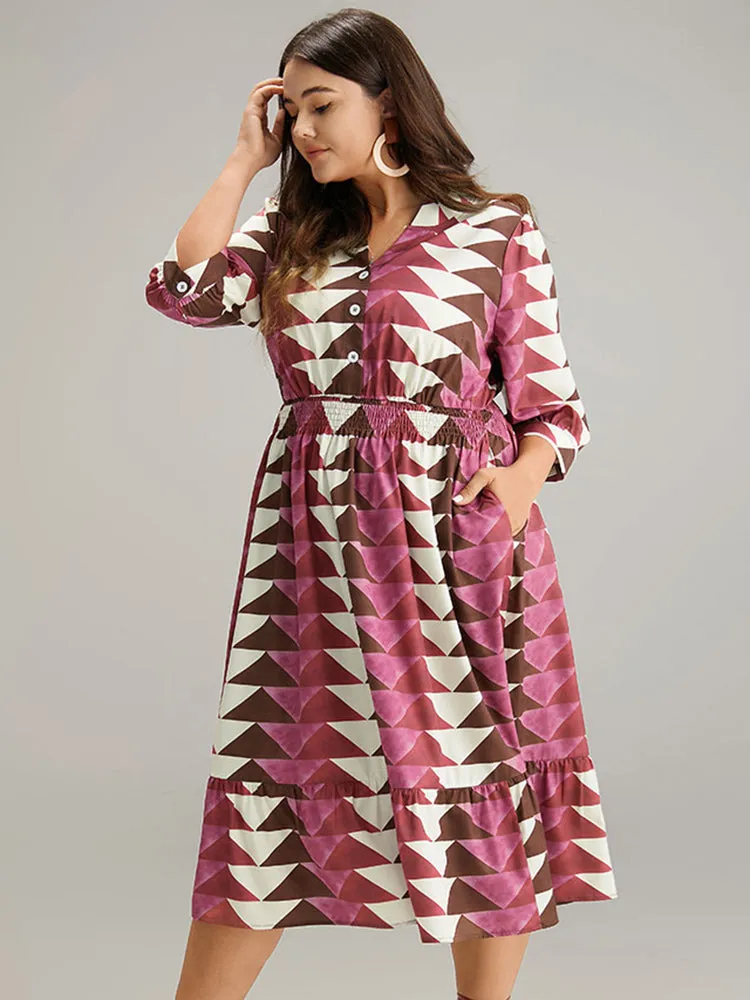 Geometric Shirred Button Up Ruffle Hem Dress sold by Bloomchic product image thumbnail 2