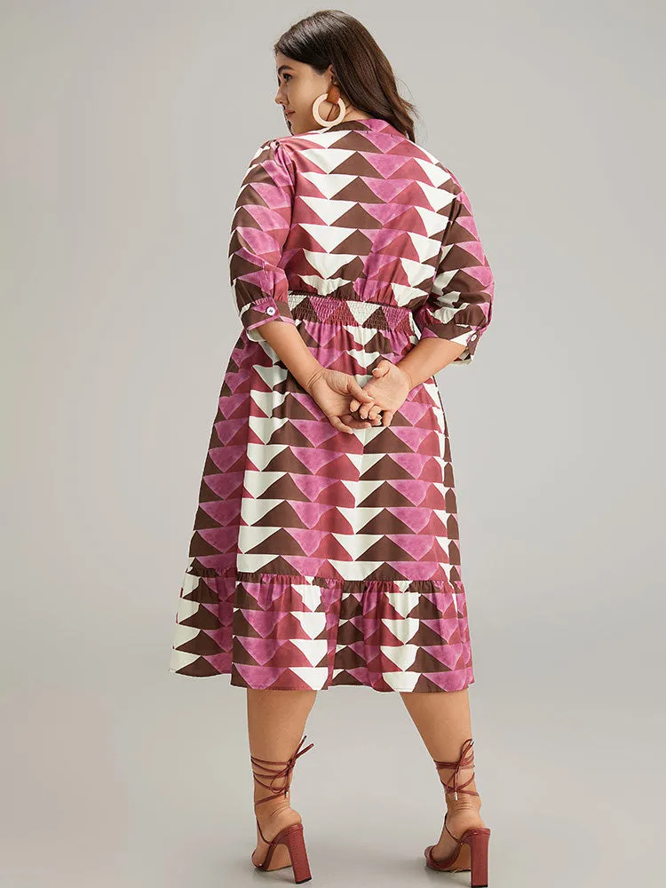 Geometric Shirred Button Up Ruffle Hem Dress sold by Bloomchic product image thumbnail 4