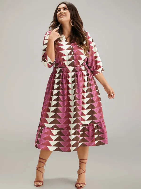 Geometric Shirred Button Up Ruffle Hem Dress sold by Bloomchic