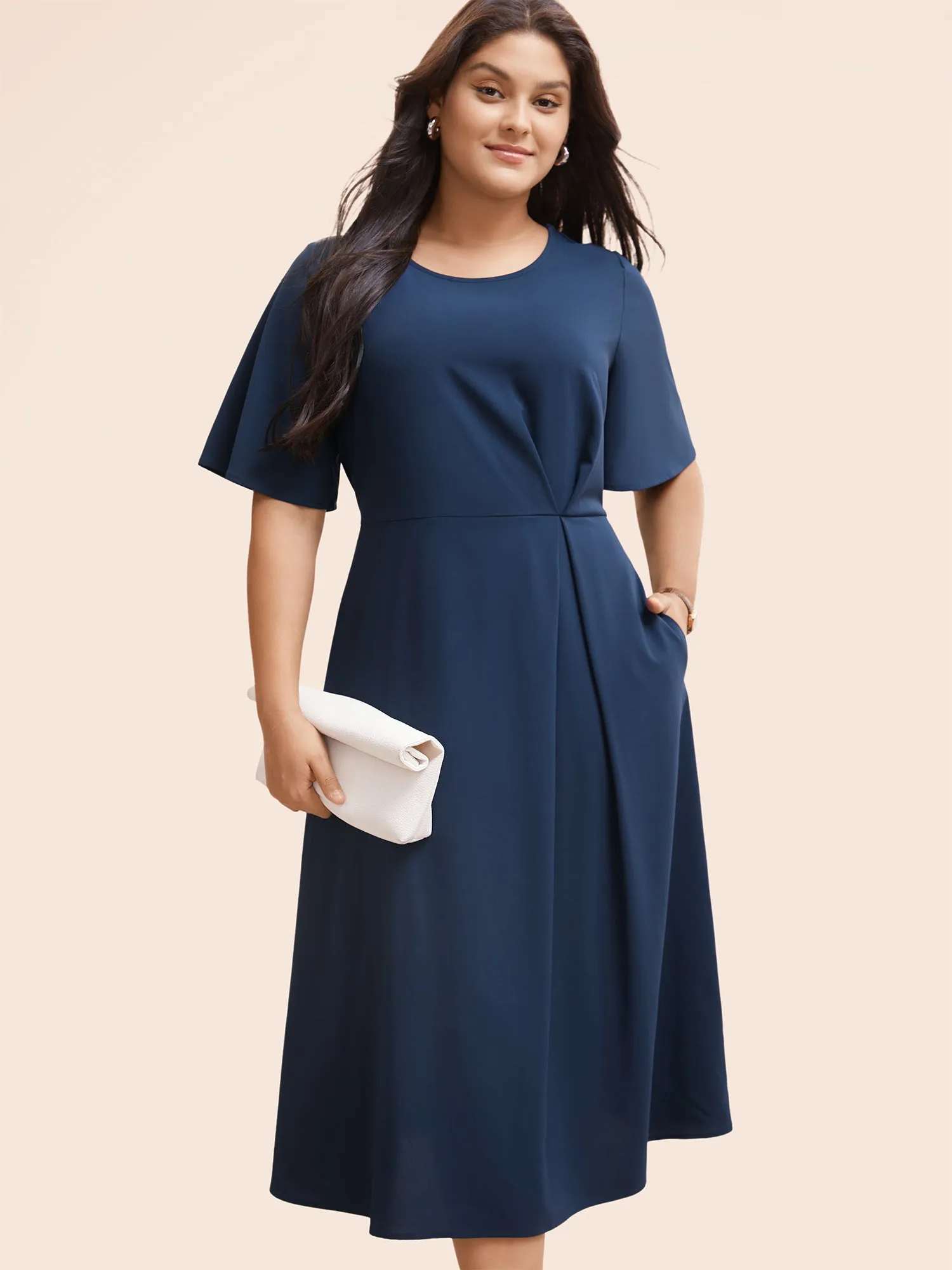 Plain Round Neck Plicated Detail Dress sold by Bloomchic