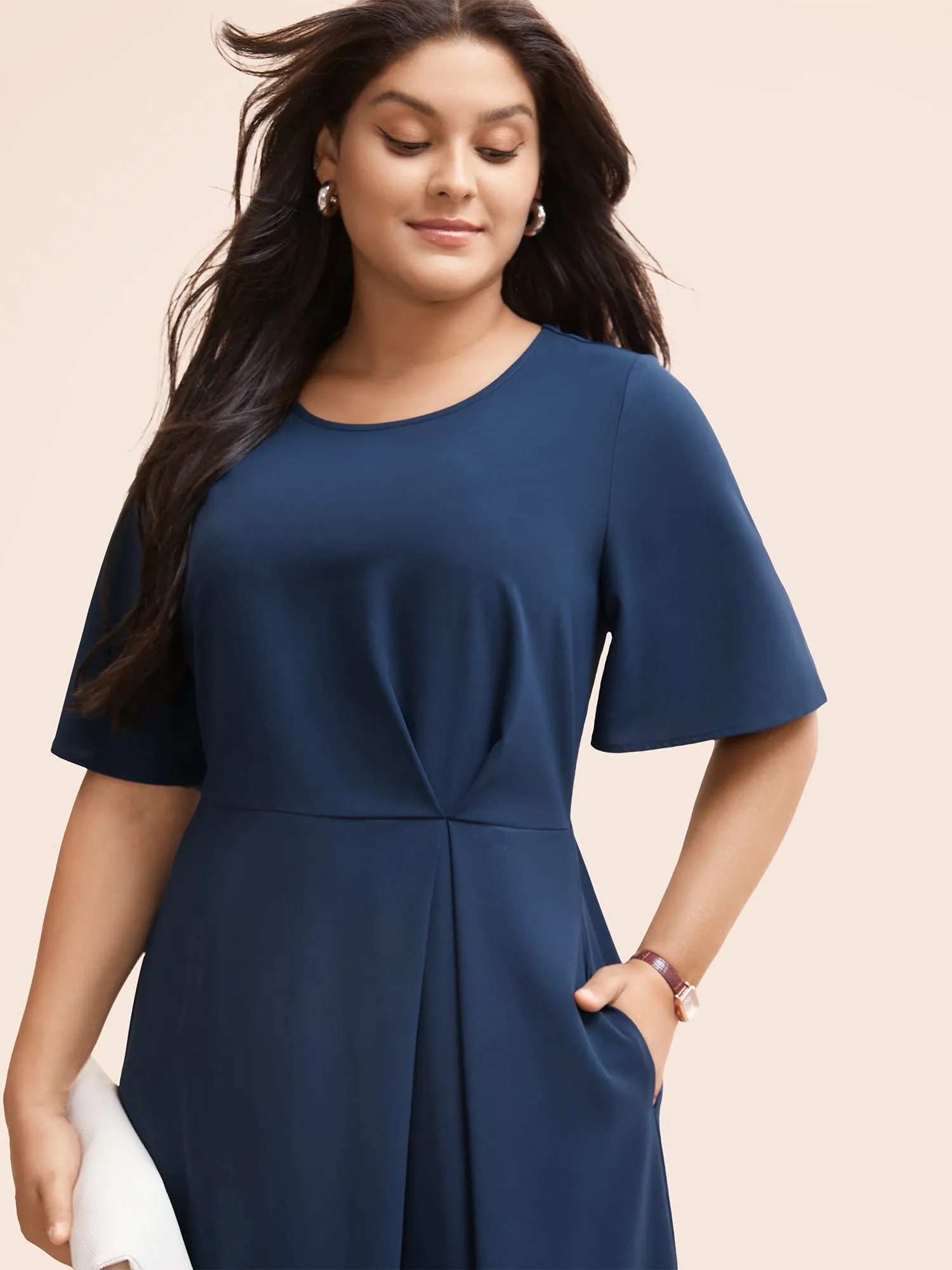 Plain Round Neck Plicated Detail Dress sold by Bloomchic product image thumbnail 3